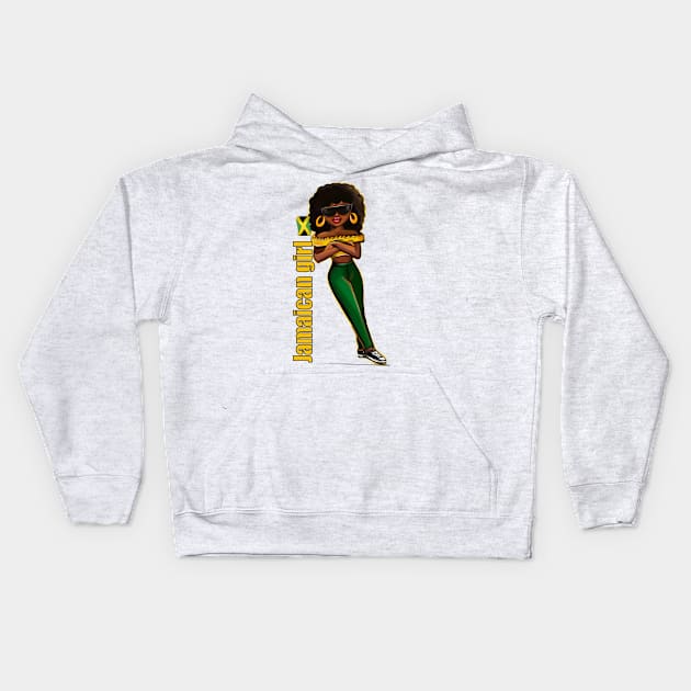 Jamaican girl 2 in the colours of Jamaican flag in black green and gold. The best of Jamaica Kids Hoodie by Artonmytee